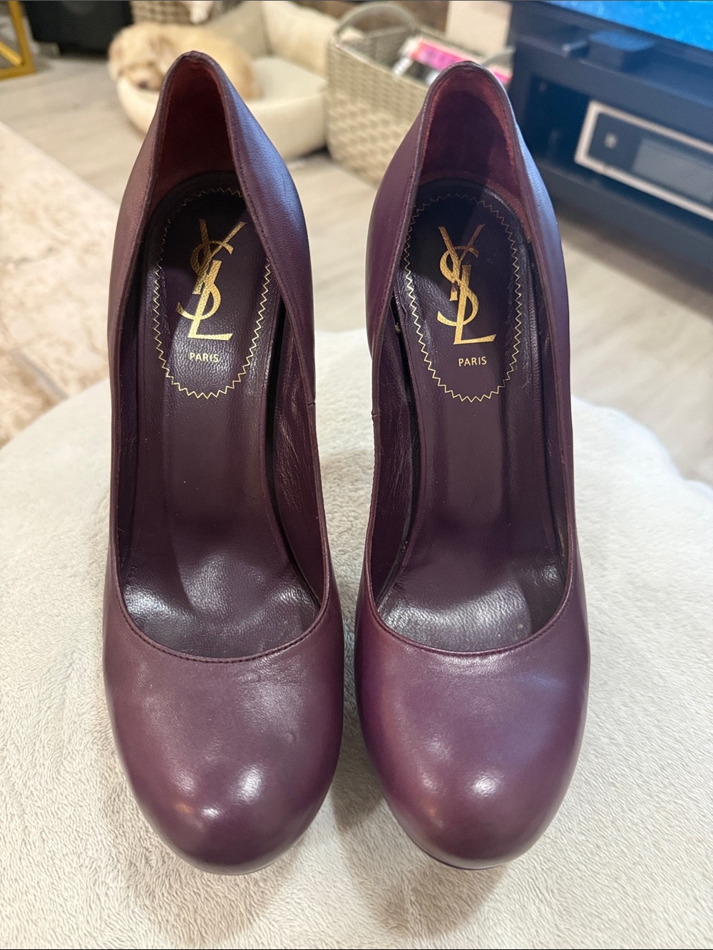 Saint Laurent Burgundy Leather Round-Toe Pumps 5inc heel with  1 inc platform